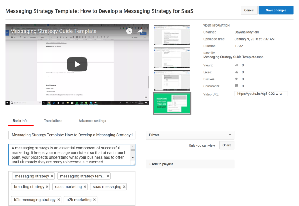 Youtube SEO Optimization Strategy: Messaging Strategy SaaS Video Settings