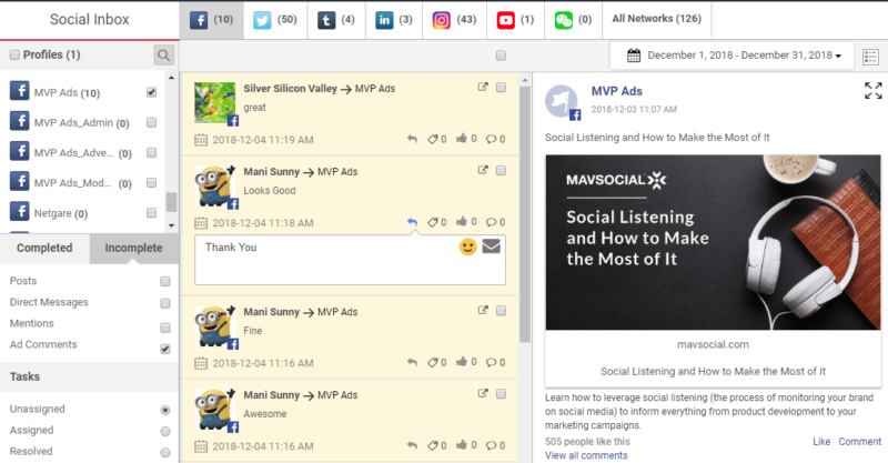 Mavsocial Social inbox screenshot demonstrating how to effectively respond to comments from a single dashboard
