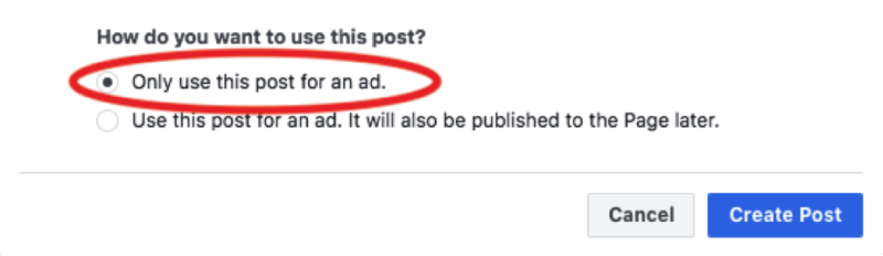 MavSocial creating a Facebook Dark Post by posting only as an ad.