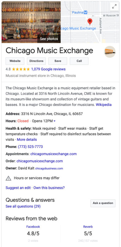 Google My Business Example 1: Chicago Music Exchange