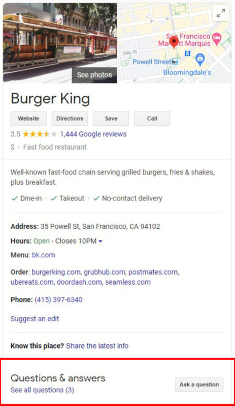 Burger King Google My Business Q&A Snippet Example