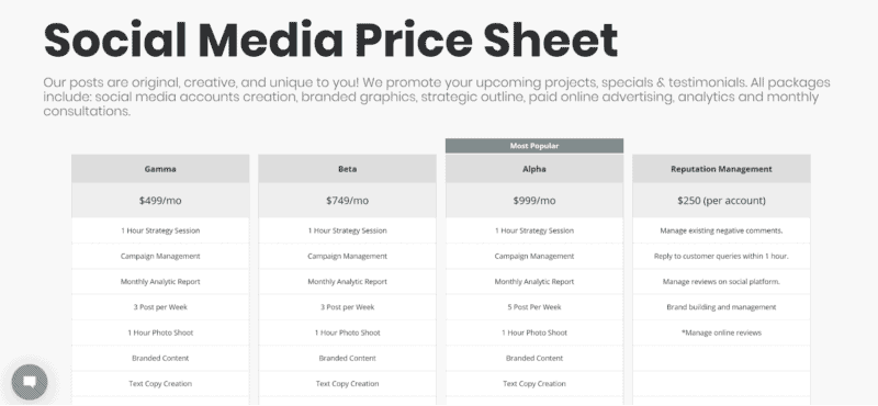 Social Media Management Pricing Sheet example MavSocial